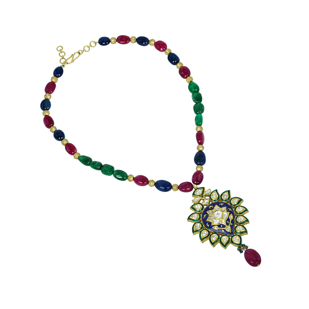 Gemstone Bead Necklace with Polki Meenakari Pendant and Ruby Drop